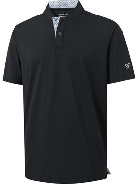 MensBlack Collarless Golf Shirt Dry Fit Moisture Wicking Henley Tee